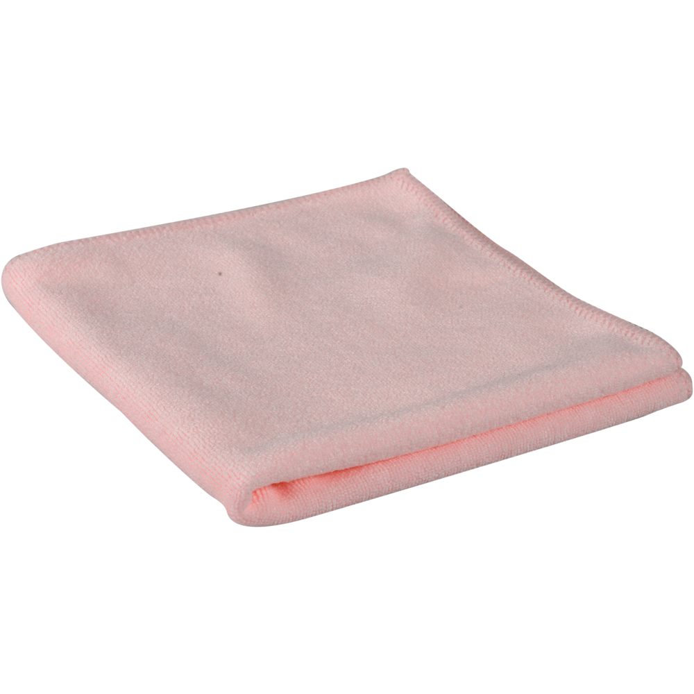 Abgebildet ist ein sauber gefaltetes hellrosa Mikrofasertuch ENA Platin, 32x32 cm von Abena Re-Seller GmbH, auf weißem Hintergrund. Das Reinigungstuch hat abgesteppte Kanten und eine weiche, glatte Mikrofaseroberfläche.