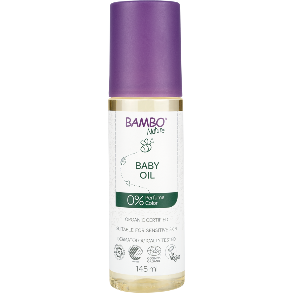 Eine 145 ml Flasche Bambo Nature Babyöl von Abena Re-Seller GmbH, farb- und parfümfrei, bio-zertifiziert, dermatologisch getestet, vegan-ideal für die sanfte Babypflege. Inklusive lila Kappe. Box enthält 48 Einheiten.