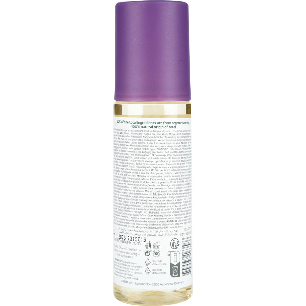 Eine klare Flasche mit lilafarbener Kappe und einem bedruckten Rückenetikett bietet Produktinfos und Inhaltsstoffe für Bambo Nature Babyöl (145 ml, farb- und parfümfrei) von Abena Re-Seller GmbH - ideal für die sanfte Babypflege und sensible Haut.