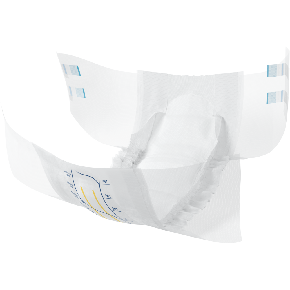 Der ABENA Slip Premium von Abena Re-Seller GmbH verfügt über elastische Beinabschlüsse, seitliche Klebeverschlüsse und blau/gelbe Indikatorlinien, die offen und isoliert auf weißem Hintergrund dargestellt sind, um eine optimale Inkontinenzversorgung zu gewährleisten.