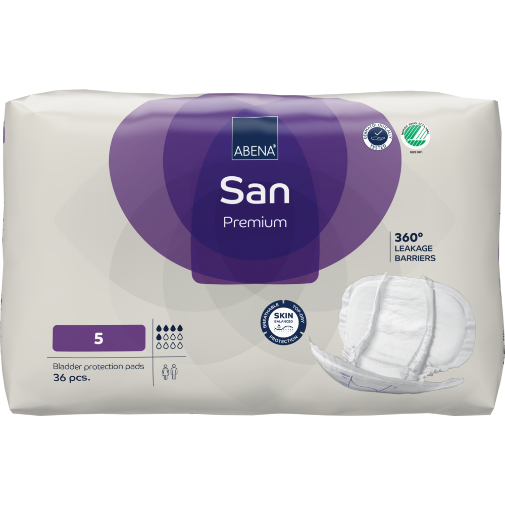 Eine Packung ABENA San Premium von Abena Re-Seller GmbH, Größe 5 Inkontinenzschutz, mit 36 Stück. Die überwiegend weiß und lila gehaltene Packung zeigt eine Tamponabbildung sowie Icons für hohe Saugfähigkeit, 360° Auslaufsperre und Hautschutz.