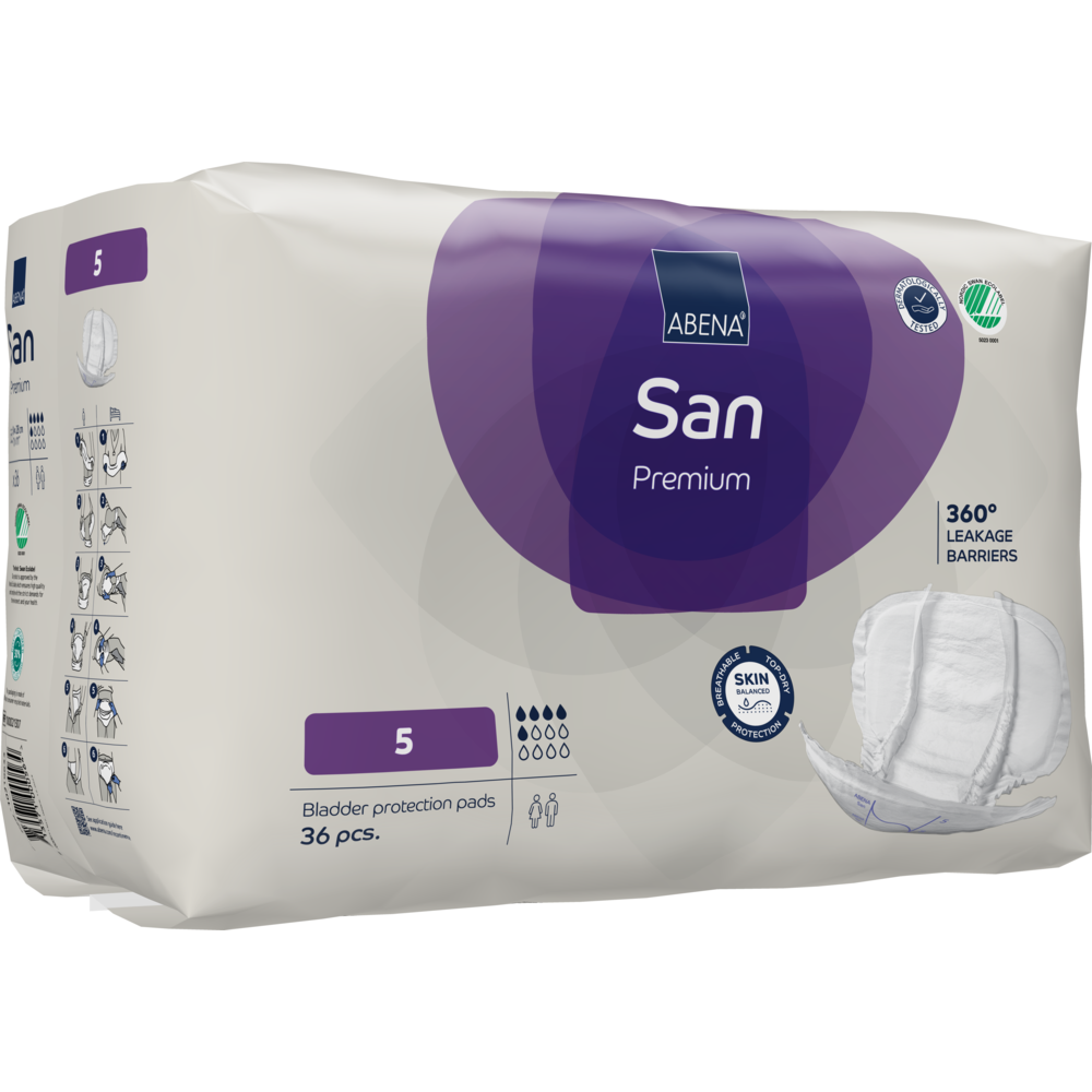 Eine Packung ABENA San Premium der Abena Re-Seller GmbH, Größe 5, enthält 36 Stück. Die meist weiß und lila gehaltene Verpackung mit Produktbildern und -symbolen bietet hohe Saugfähigkeit für optimalen Inkontinenzschutz.