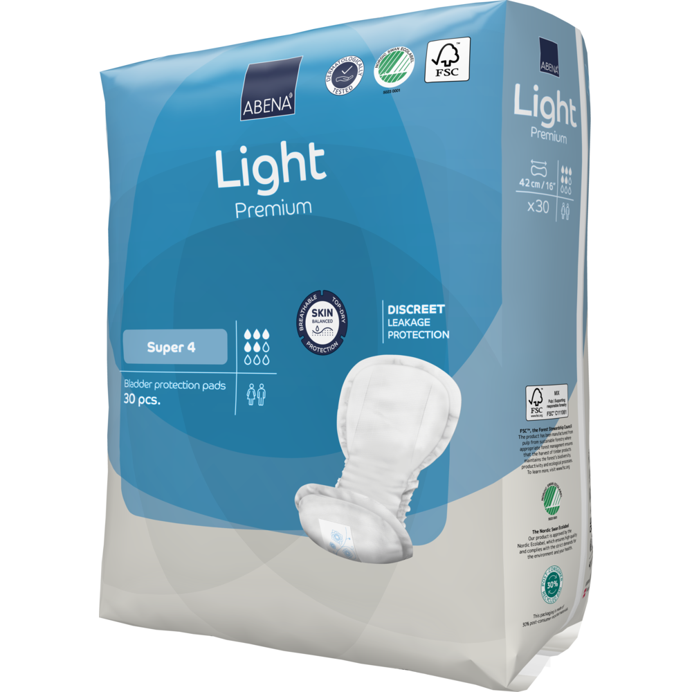 Eine Packung ABENA Light Super 4, Premium von Abena Re-Seller GmbH enthält 30 Paar, die für zuverlässigen Schutz sorgen. Die blau-weiße Verpackung zeigt auf der Vorderseite Produktdetails und ein Bild eines einzelnen Pads.