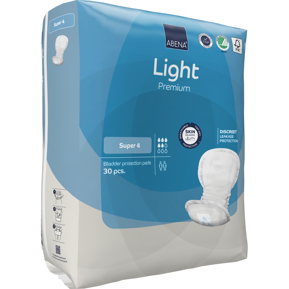 Eine Packung ABENA Light Super 4, Premium von Abena Re-Seller GmbH enthält 30 Tampons in blau-weißer Verpackung, die einen hautfreundlichen und diskreten Schutz bei Blasenschwäche bieten.