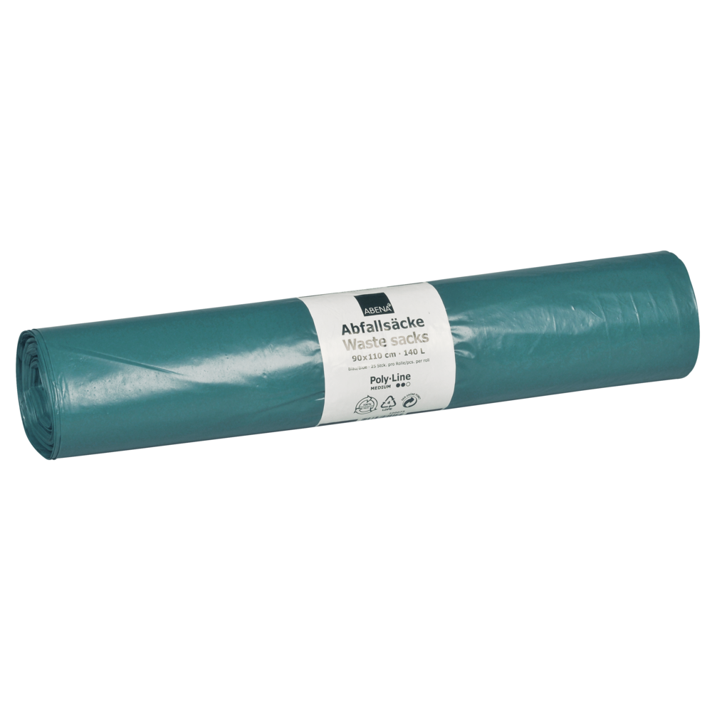 Eine Rolle blauer Abena Re-Seller GmbH LDPE Abfallsäcke 140 L (900x1100 mm, 38 my, 25 Säcke/Rolle) mit einem weißen Etikett mit den Angaben "Abfallsäcke", "Abfallsäcke", Größenangaben und Recycling-Symbolen.