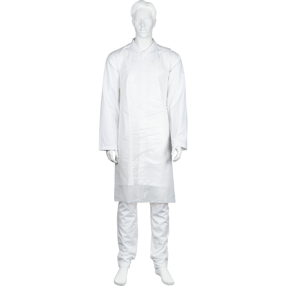 Eine Schaufensterpuppe steht aufrecht vor einem schlichten weißen Hintergrund, bekleidet mit einem weißen Laborkittel und einer Hose, und trägt eine Abena Re-Seller GmbH Einwegschürze (geblockt, 75x125 cm, 18 my LDPE, weiß). Packung: 50 Paare.