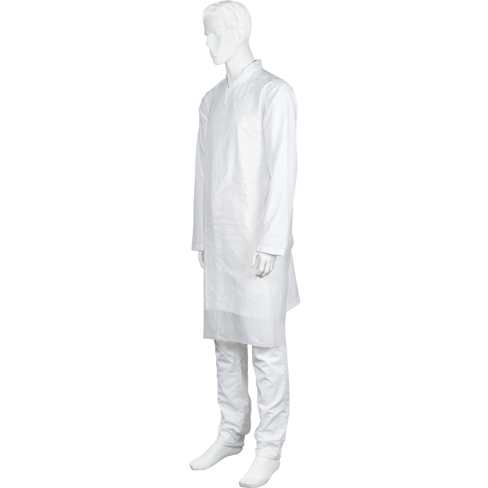 Eine weiße Schaufensterpuppe trägt die Abena Re-Seller GmbH Einwegschürze, geblockt, 75x125 cm, 18 my LDPE in Weiß (Packung: 50 Paare), stehend in einer Dreiviertelansicht links vor einem schlichten weißen Hintergrund.