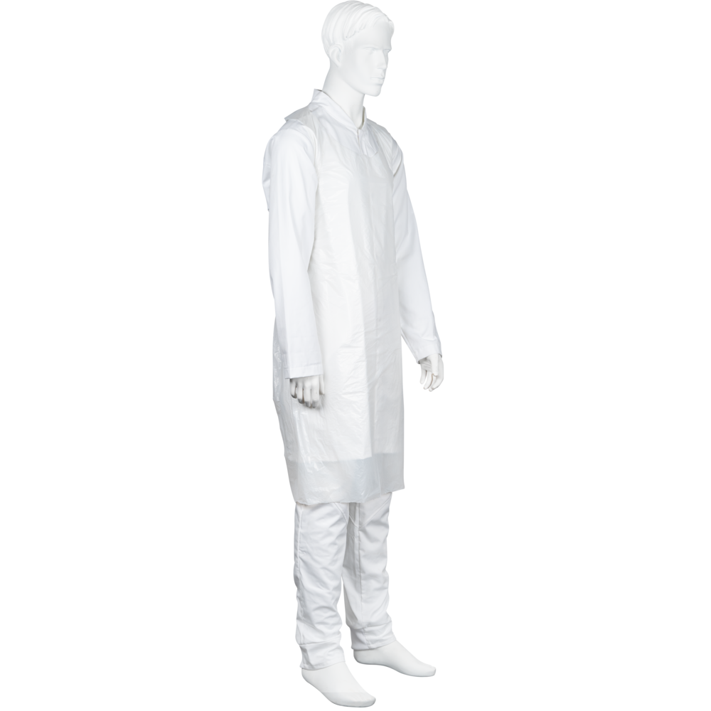 Eine Schaufensterpuppe trägt eine weiße Abena Re-Seller GmbH Einwegschürze, Geblockt, 75x125 cm, 18 my LDPE, die Oberkörper und Oberschenkel über einem weißen Hemd und einer Hose bedeckt. Die hygienische Schürze ist aus Kunststoff gefertigt und wird in Packungen zu 50 Paar geliefert.