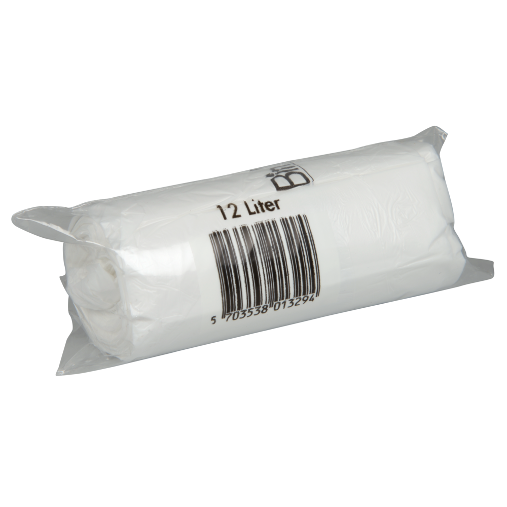 Eine Rolle Abena Re-Seller GmbH Bin Line Beutel 12 L, 400x570 mm, 10 my weiß LLDPE (20 Beutel) wird in einer transparenten Verpackung mit der Aufschrift "12 L" und einem Barcode auf der Verpackung geliefert.