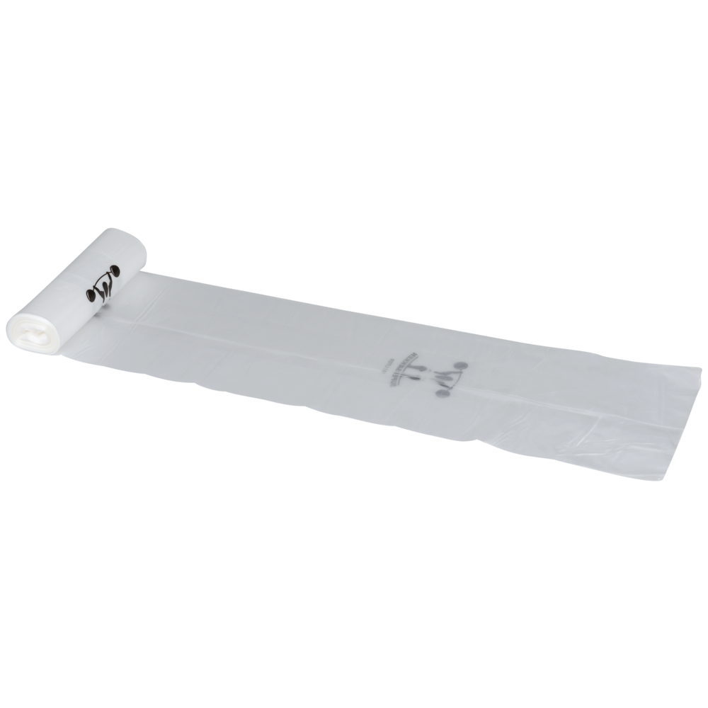 Eine teilweise abgerollte Rolle der Abena Re-Seller GmbH Abfallsäcke 120 L, 25 my LLDPE, Transparent (Rolle mit 10 Beuteln) zeigt flache, längliche Beutel mit schwarzem Aufdruck und Symbolen.