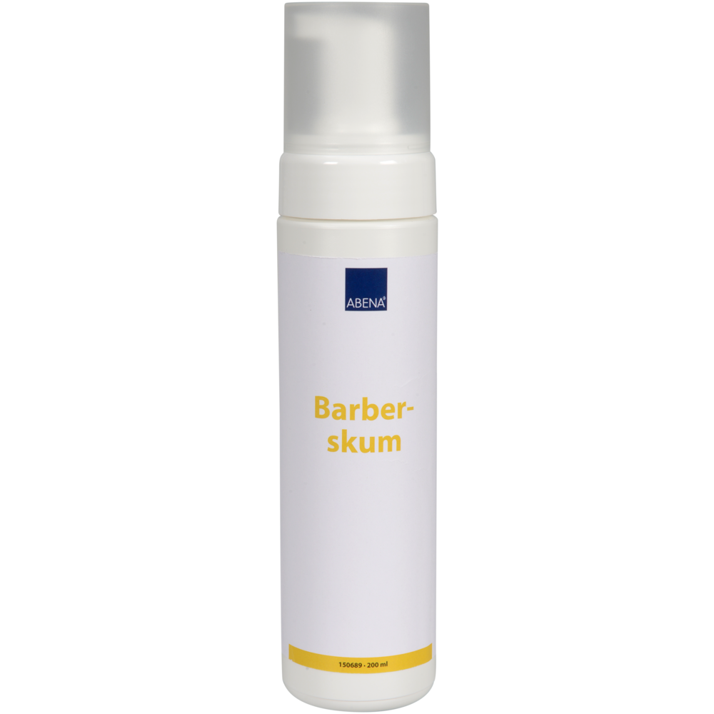 Eine weiße Flasche mit der Aufschrift "Rasierschaum, 200 ml" der Abena Re-Seller GmbH mit klarem Verschluss steht aufrecht vor einem schlichten weißen Hintergrund - milder Schaum im Karton (6 Packungen), ideal für eine gründliche Rasur.