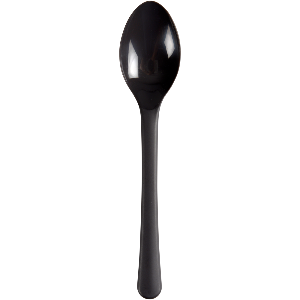 Ein schwarzer Mehrweg Teelöffel (14cm, PP) von Abena Re-Seller GmbH ist vertikal auf weißem Hintergrund abgebildet - eine umweltfreundliche Wahl für den täglichen Gebrauch. Packung: 100 Paare.