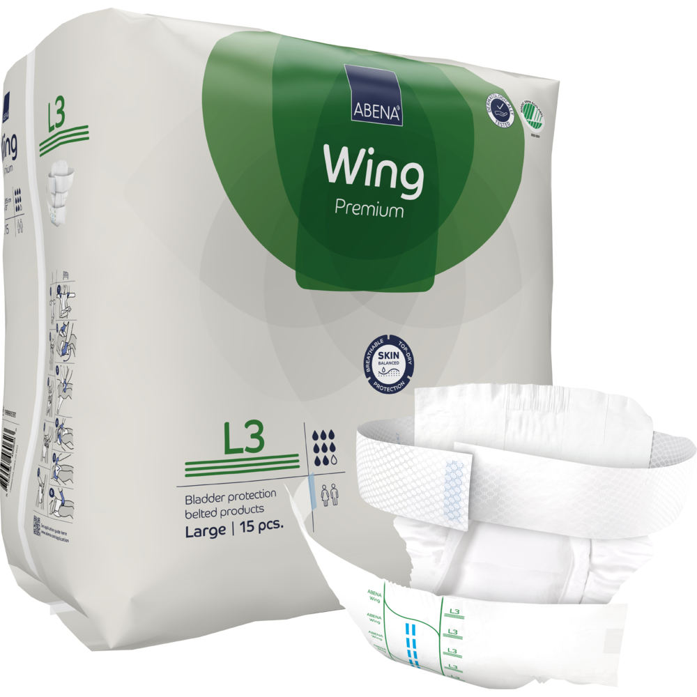 Ein Paket der Abena Re-Seller GmbH ABENA Wing Premium wird mit 15 großen Inkontinenzprodukten mit Gürtel in den Farben Grün und Weiß gezeigt. Ein ungefaltetes Produkt ist vorne abgebildet und hebt sowohl den Schutz als auch den Komfort hervor.
