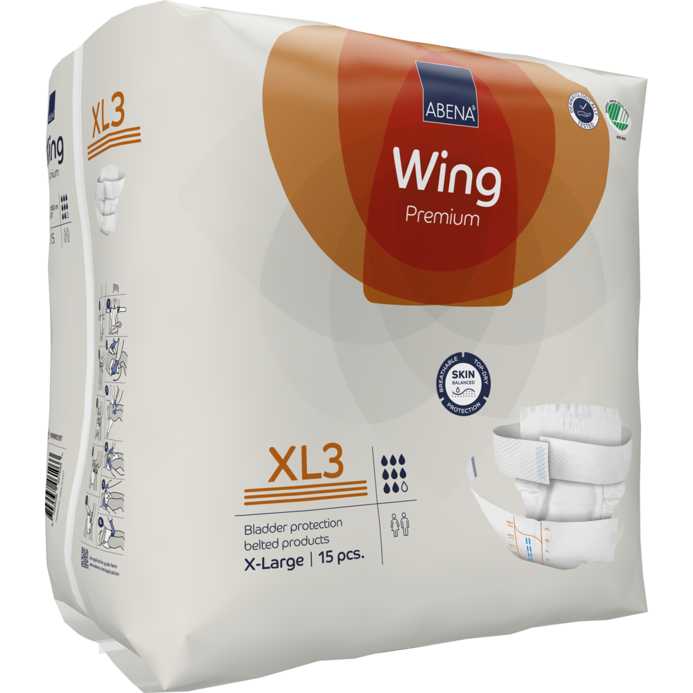 Eine Packung der Abena Re-Seller GmbH ABENA Wing Premium XL3 Inkontinenzprodukte (X-Large, 15 Stück) bietet Schutz und Komfort in einer meist weißen Verpackung mit orangefarbenen Akzenten und klaren Produktinformationen.