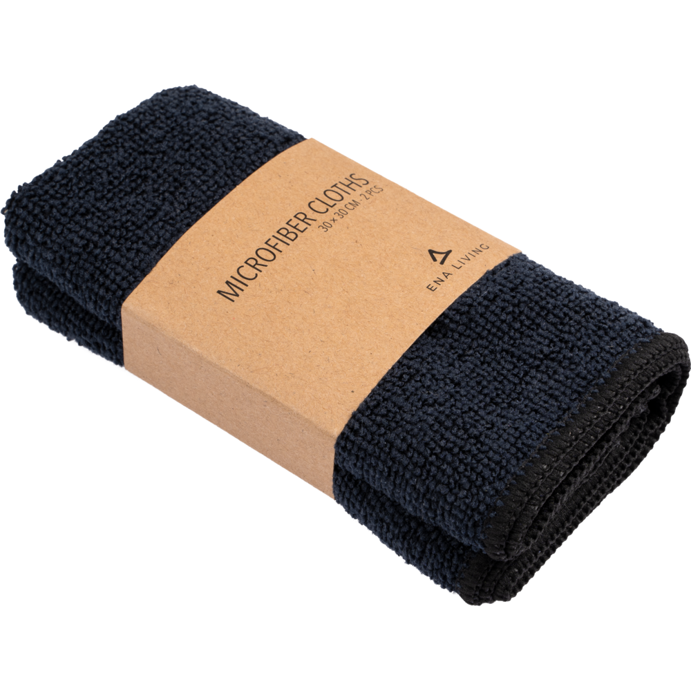 Ein gefaltetes schwarzes ENA Living Mikrofasertuch (2er Set, 30x30 cm) von Abena Re-Seller GmbH mit einem braunen Papieretikett - ideal als Reinigungstuch Haushalt. Die Packung enthält 2 Paare.