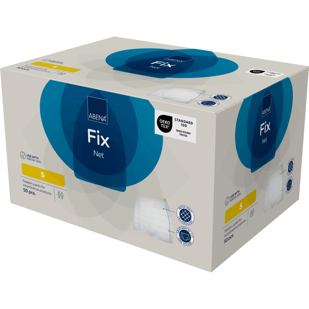 Eine beigefarbene Schachtel der Fixierhosen der Abena Re-Seller GmbH, ABENA Fix, Net (Größe S), enthält 50 Stück mit blauen Akzenten, Produktabbildungen und OEKO-TEX Standard 100 Zertifizierung für Inkontinenzprodukte.