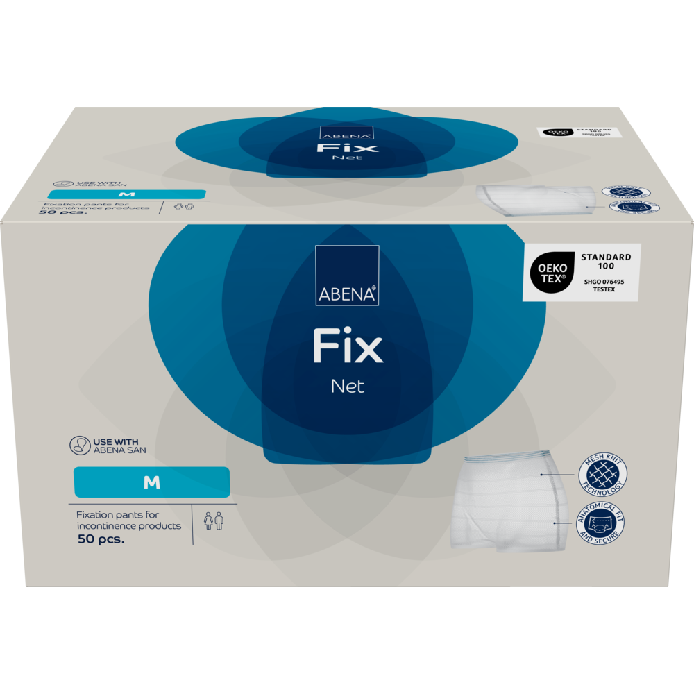 Eine rechteckige Schachtel der Abena Re-Seller GmbH Fixierhosen, ABENA Fix, Netz, Größe M, enthält 50 Stück. Die Verpackung zeigt Produktabbildungen, Zertifizierungslogos, und weist auf die Eignung für Inkontinenzprodukte hin.
