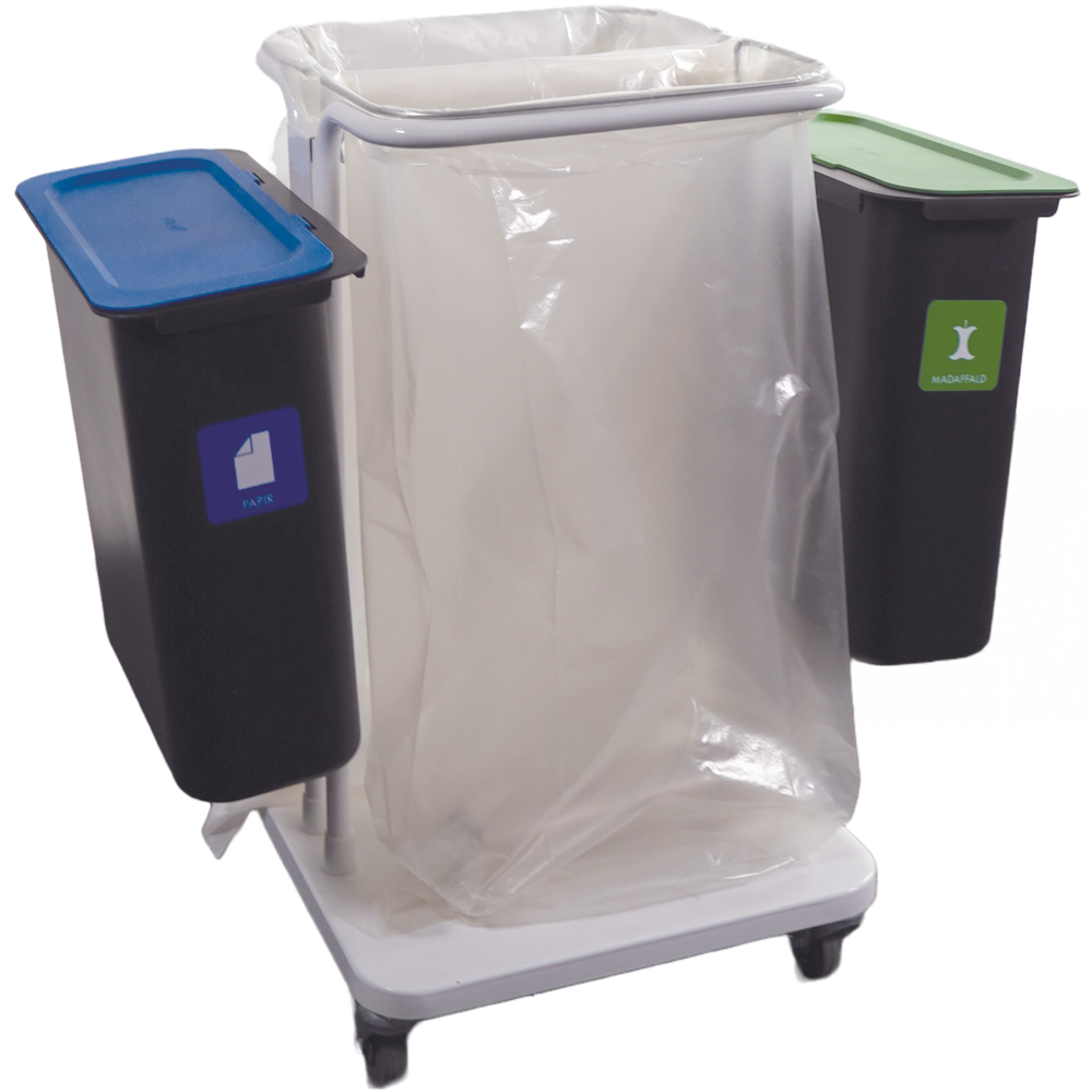 Eine mobile Recyclingstation mit einem Sækko Boy 2 l transparenten zentralen Sackhalter und zwei Abena Re-Seller GmbH Abfallbehälter 10,2 l aus dem für Sækko Boy Sortiment: blauer Deckel für "Papier", grüner Deckel für "Bio".