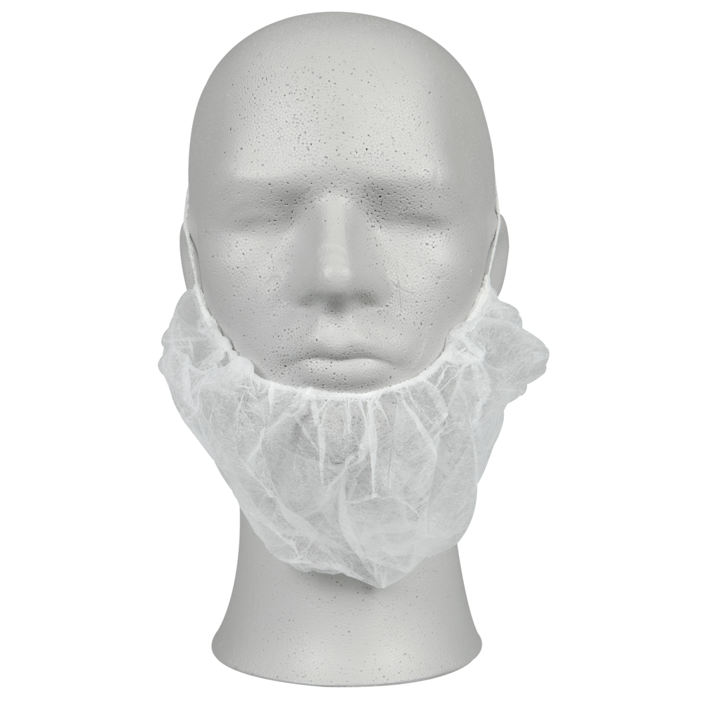Ein weißer Schaufensterkopf trägt eine Barthaube der Abena Re-Seller GmbH Bartschutz, PP, Weiß (Packung: 100 Paare), die aus leichtem Vliesstoff besteht und mit Gummibändern um Kinn und Gesicht befestigt ist.