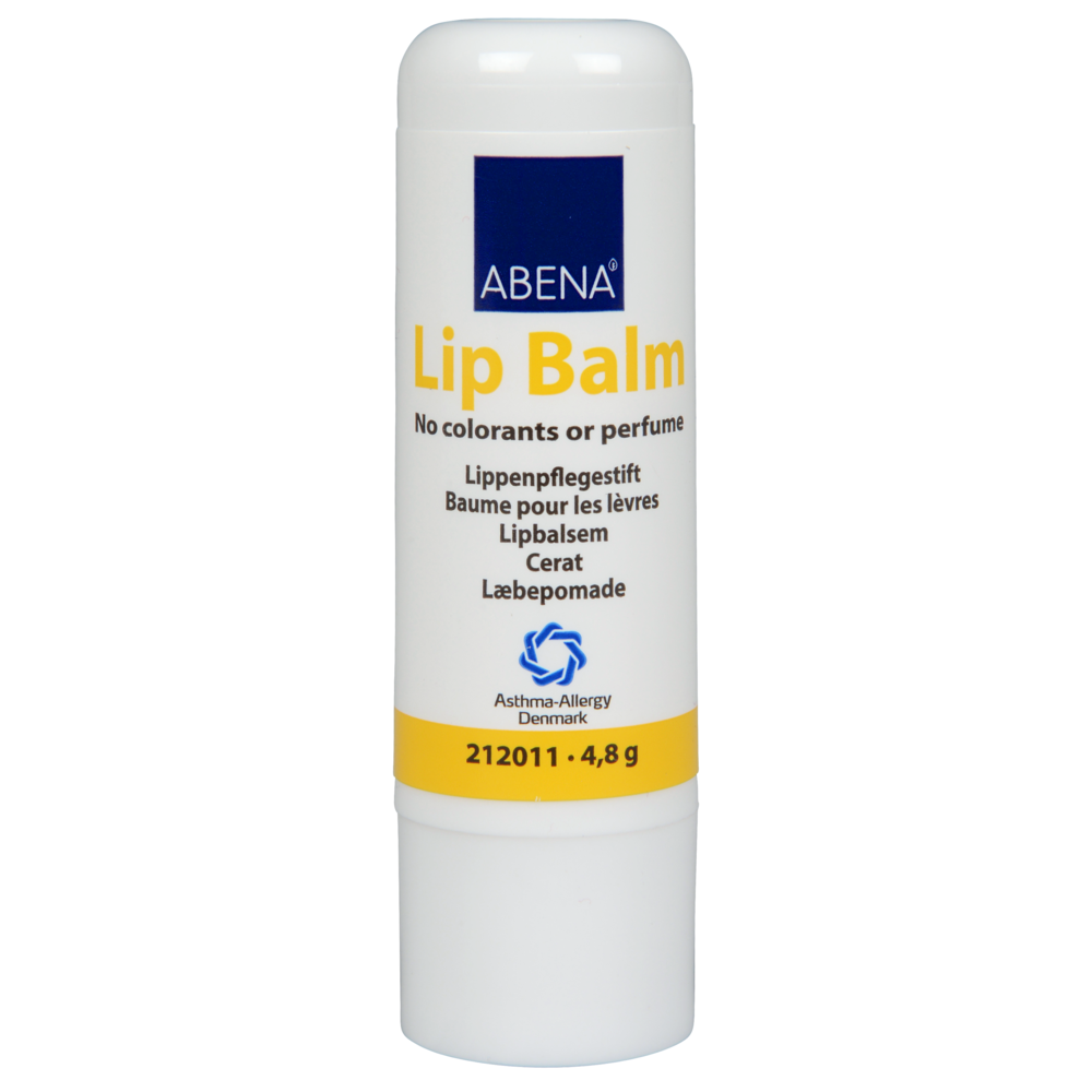 Eine weiße Tube Abena Re-Seller GmbH Lippenpflegestift, Stick, 4,8 g mit blauer Kappe und mehrsprachigem Etikett mit dem Hinweis "Ohne Farbstoffe und Parfüm". Verfügt über ein blaues Allergiker-Logo und bietet langanhaltende Feuchtigkeit. Verkauft in Packungen mit 20 Paaren.