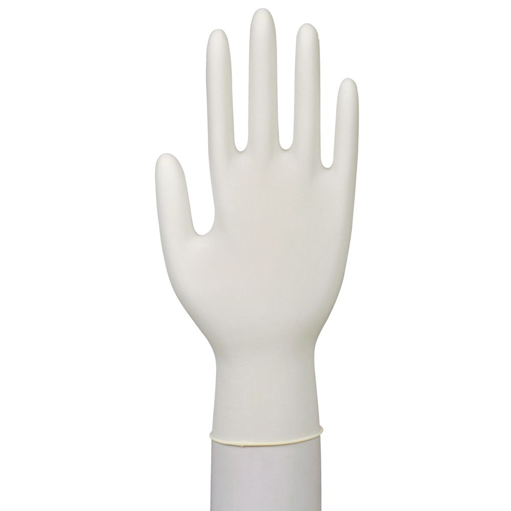 Ein Latex-Handschuh "Classic, Puderfrei, Natur" von Abena Re-Seller GmbH steht aufrecht mit gespreizten Fingern auf einem zylindrischen Ständer vor weißem Hintergrund - optimal für medizinische Einrichtungen.