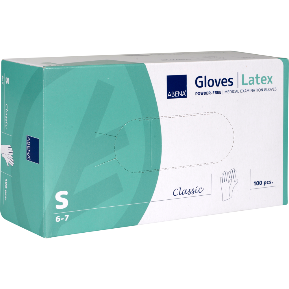 Ein Karton mit 100 Abena Re-Seller GmbH Latex-Handschuhe Classic, Puderfrei, Natur, Größe klein (6-7). Die weiß-grüne Verpackung zeigt Details - ideal für medizinische Einrichtungen.