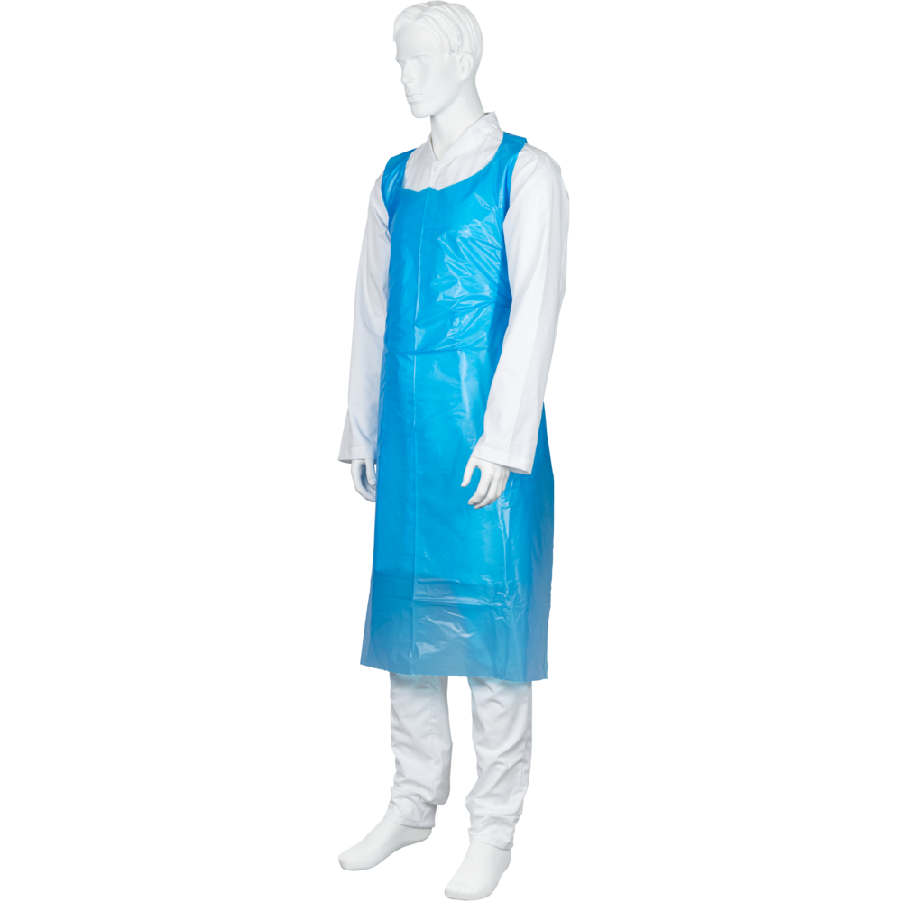 Eine Schaufensterpuppe in weißem Hemd, Hose und Socken trägt eine blaue Abena Re-Seller GmbH Einwegschürze (85x130 cm, 35 my LDPE, Packung 50 Paare), die den Oberkörper bis zu den Knien bedeckt und leicht nach rechts zeigt.