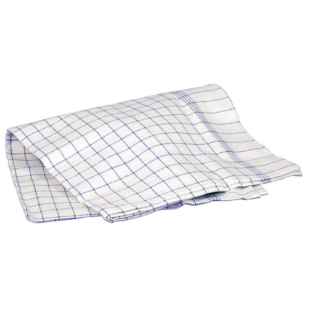 Ein gefaltetes Geschirrhandtuch (50x100 cm) in Blau/Weiß mit blauem Karomuster von Abena Re-Seller GmbH, Packung mit 10 Paaren, abgebildet auf einem schlichten weißen Hintergrund.
