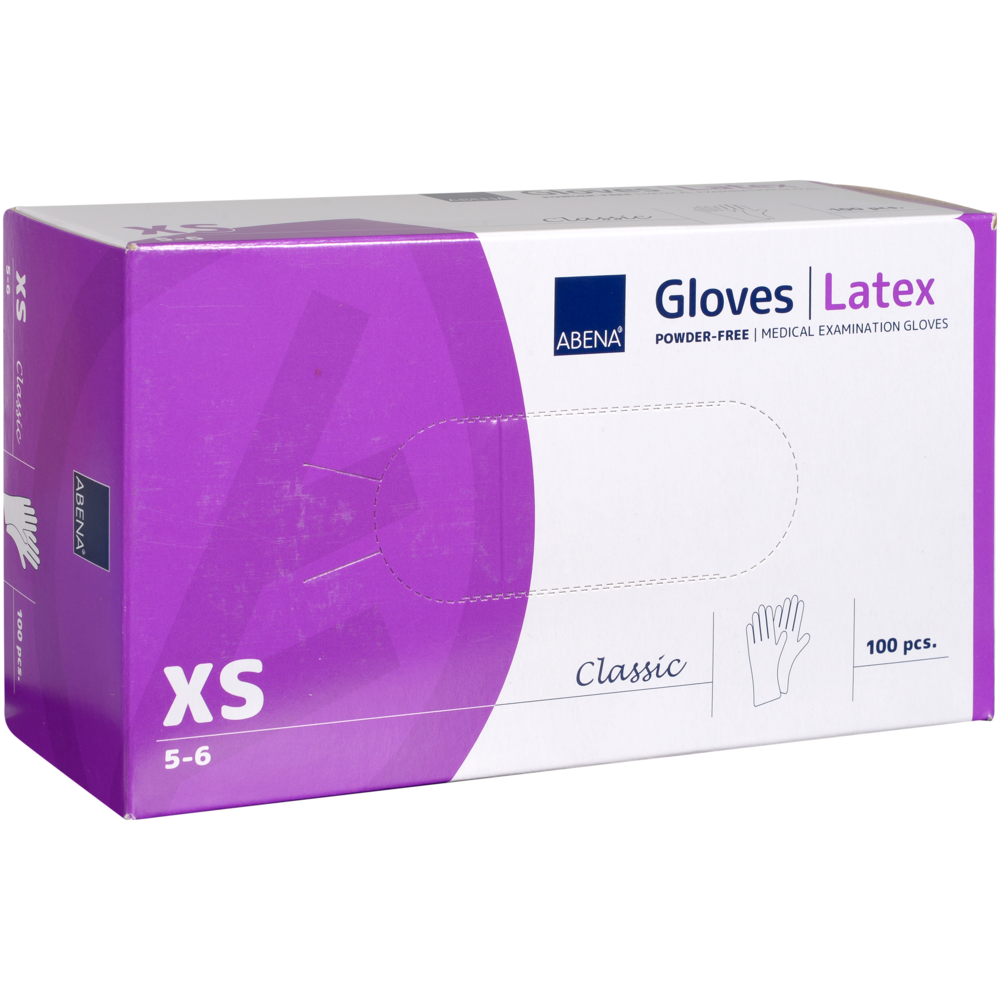 Eine rechteckige Schachtel der Abena Re-Seller GmbH Latex-Handschuhe Classic, puderfrei, natur, Größe XS (5-6), lila/weißes Design mit Handabbildung; enthält 100 Handschuhe - ideal für medizinische Einrichtungen.