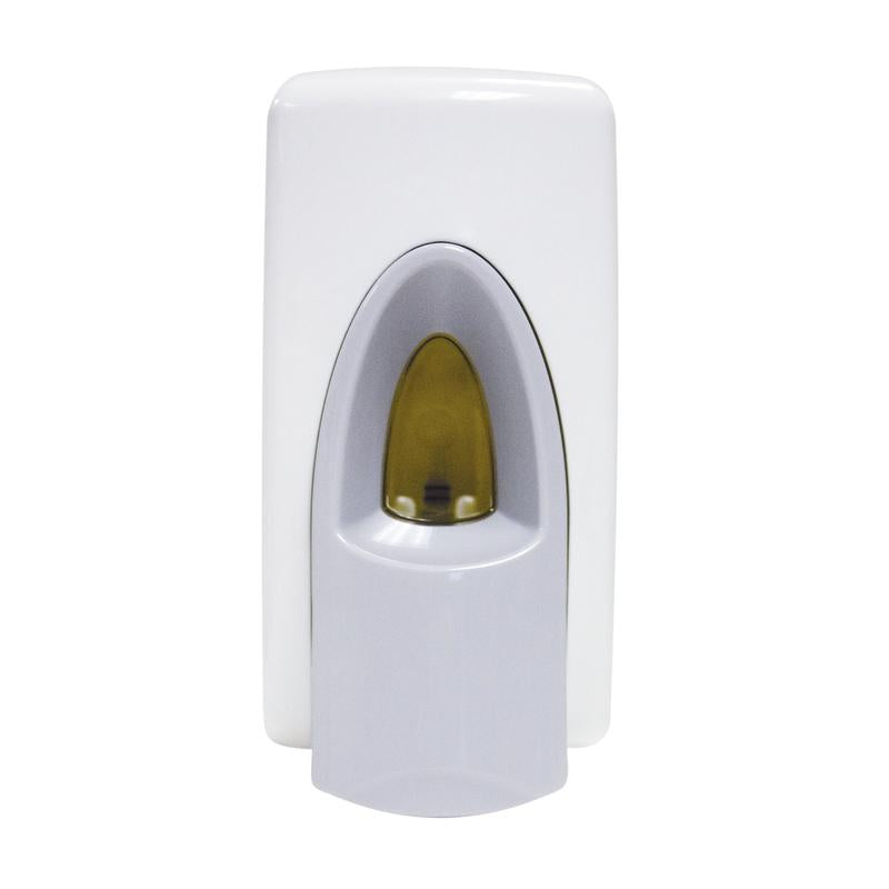 Der Spender für Toilettensitzreiniger von Diversey Deutschland GmbH & Co. OHG ist weiß, zur Wandmontage, mit grauem Hebel und Sichtfenster zur Füllstandsanzeige - schlichtes, funktionales Design. Packung: 1 Stück.