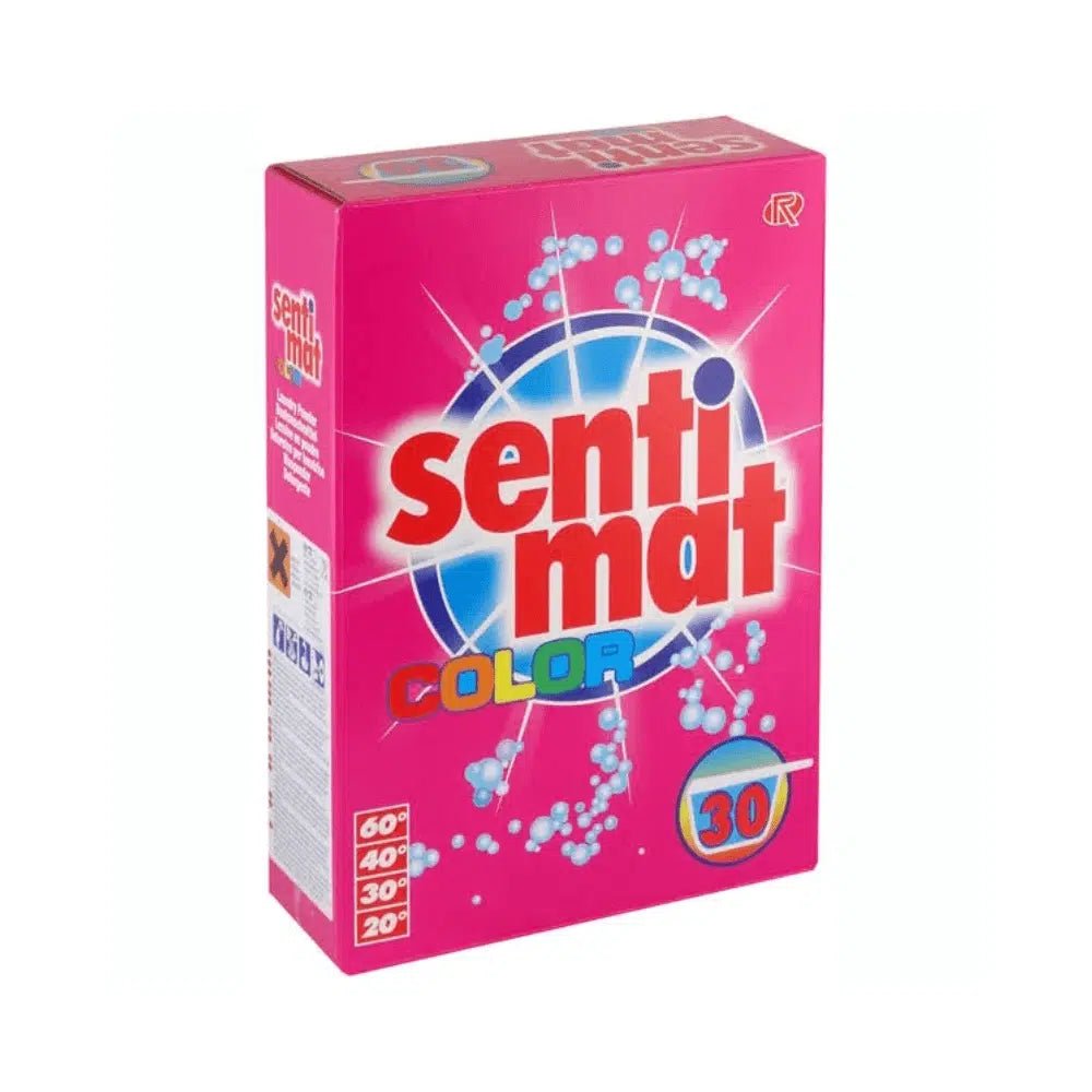 A pink box Rösch Sentimat Color Laundry Detergent for Colored Clothes by Rösch Germany GmbH features a blue-and-white design adorned with molecular graphics. It highlights its stain-removal properties and is suitable for washing at 60, 40, 30, and 20 degrees, with the number 30 clearly visible inside a circle.