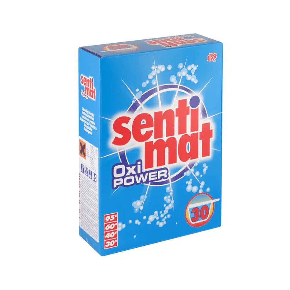 Eine blaue Packung Rösch Sentimat Oxi Power Vollwaschmittel von Rösch Germany GmbH trägt auf der Vorderseite einen weiß-roten Text. Er zeigt Temperatureinstellungen von 95, 60, 40 und 30 Grad sowie ein kreisförmiges Blasendesign, das eine effektive Fleckenentfernung für alle Gewebearten anzeigt.