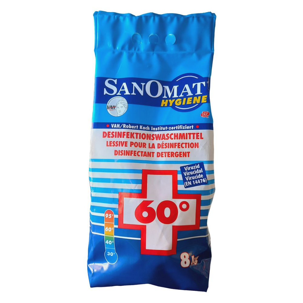 Das Rösch Sanomat Desinfektionswaschmittel der Rösch Germany GmbH wird in einer 8 kg-Packung in blau-weiß geliefert. In der Mitte ist ein rotes Kreuz mit „60°“ eingraviert, das die Eignung zur Desinfektion anzeigt. Die Produktinformationen sind in Deutsch und Französisch abgedruckt und das Produkt ist VAH-zertifiziert für zuverlässige Hygienestandards.