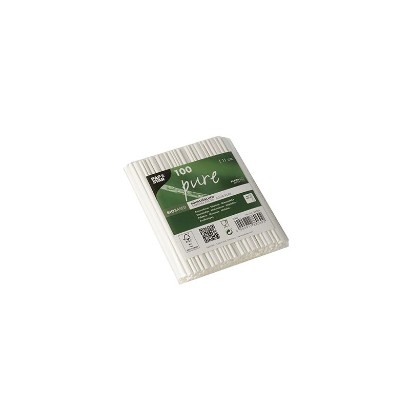 Eine Packung mit 100 weißen Papierrührstäbchen der PAPSTAR GmbH mit einem grünen Etikett auf der Vorderseite, auf dem Symbole und Text die Produktdetails und umweltfreundlichen Eigenschaften hervorheben, perfekt für den Einsatz in der Gastronomie.