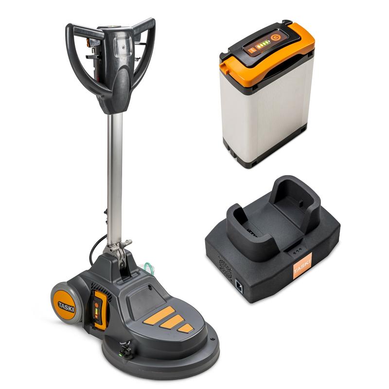 Das TASKI ERGODISC FLEXX 43 Starterkit von Diversey Deutschland GmbH & Co. OHG ist eine akkubetriebene Einscheibenmaschine mit drei Geschwindigkeiten und markantem Design, geliefert mit Akku und Ladestation (1 Stück).