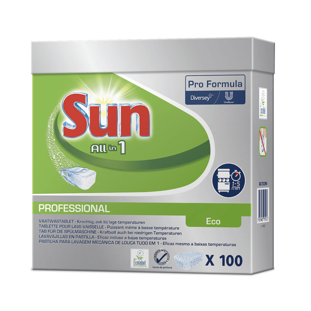 Das Bild zeigt eine Packung SUN Professional All in One ECO Tabs Geschirrspültabs von Diversey Deutschland GmbH & Co. OHG. Die hauptsächlich grün-weiße Verpackung mit blauen Akzenten betont die Marken- und Produktvorteile und präsentiert ECO Tabs mit EU Ecolabel-Zertifizierung. Die Packung enthält 100 Geschirrreinigertabs für den professionellen Einsatz.
