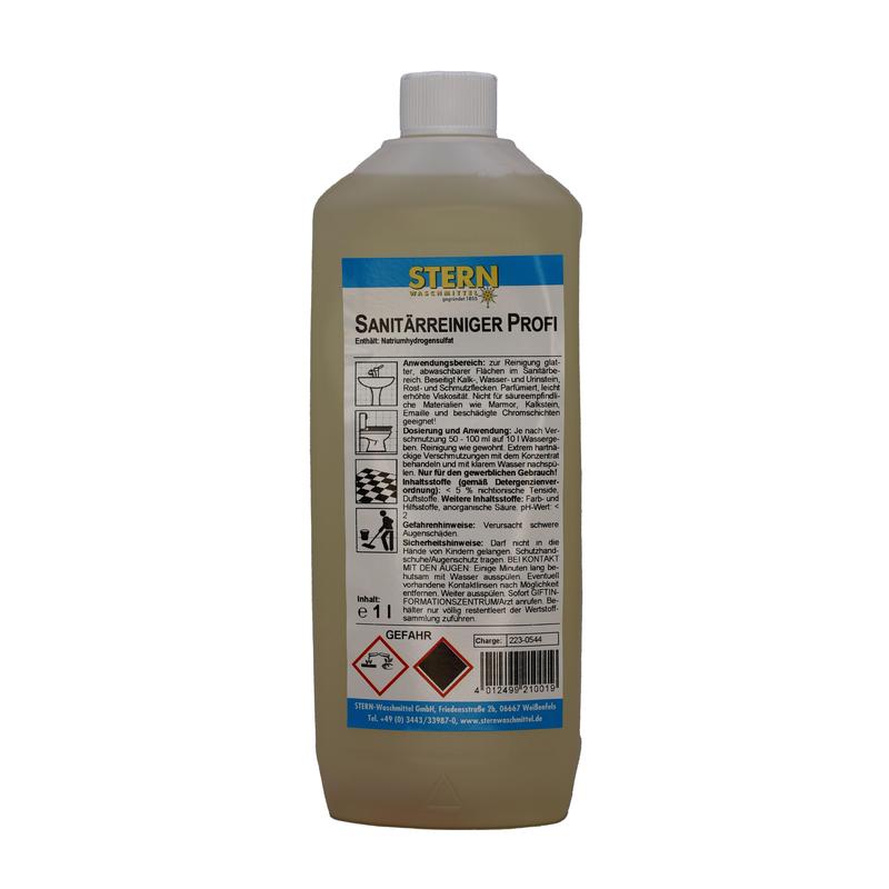 Die 1-Liter-Flasche STERN Sanitärreiniger Profi der Stern Waschmittel GmbH hat einen weißen Verschluss, ein deutsches Etikett mit Anwendungshinweisen für die Badreinigung, Sicherheitshinweisen und Gefahrensymbolen und enthält eine hellgelbe Flüssigkeit, die als Kalkentferner wirkt.