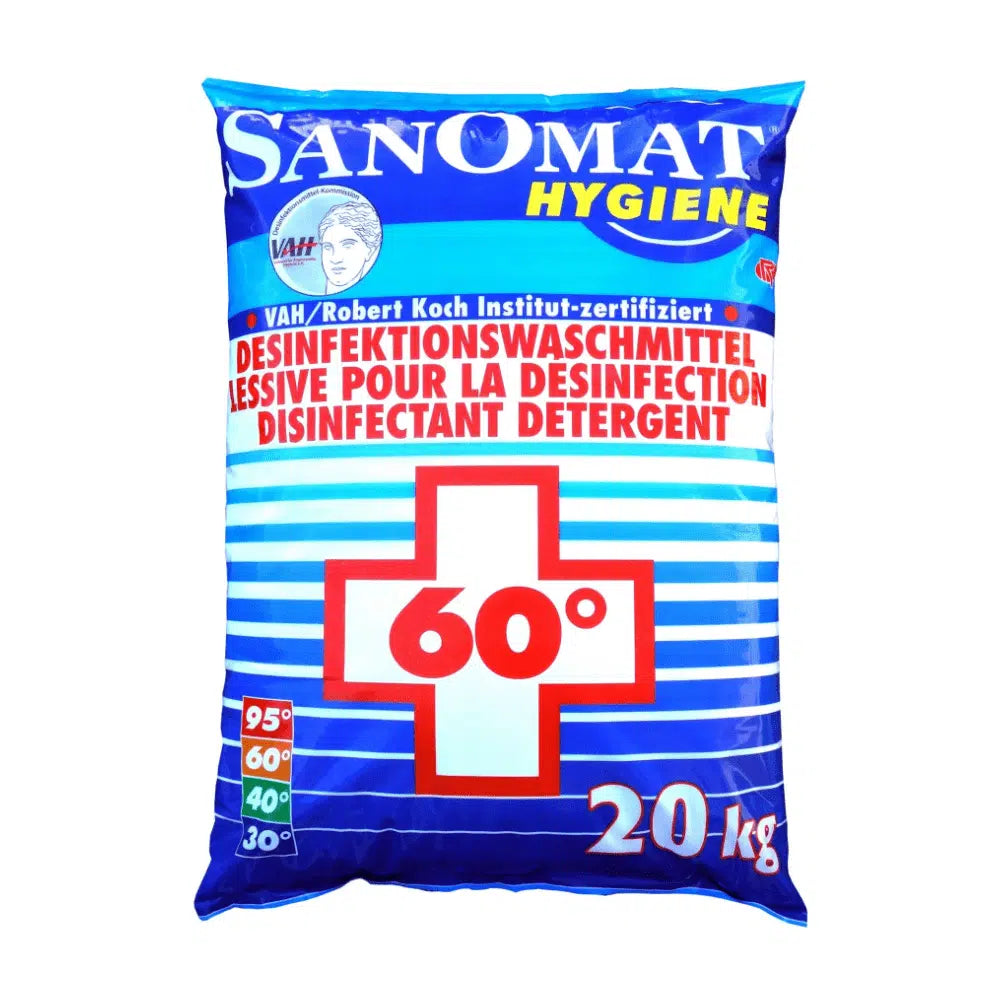 Ein blauer Beutel mit der Aufschrift „Rösch Sanomat Desinfektionswaschmittel“ ist auf der Vorderseite mit einem roten Kreuz und „60°“ gekennzeichnet und weist damit auf die Verwendung als 20 kg Desinfektionsmittel hin. Das Produkt der Rösch Germany GmbH ist RKI-gelistet und VAH-zertifiziert, die Informationen sind in Deutsch und Französisch verfügbar.