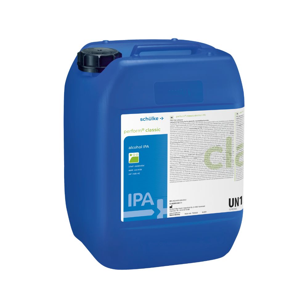 Für die Schnell-Desinfektion eignet sich ein großer blauer Kunststoffbehälter mit der Aufschrift „Schülke perform classic alc IPA Flächendesinfektionsmittel“ der Schülke & Mayr GmbH, bedruckt mit Grafik und „alcohol IPA“. Er verfügt über einen schwarzen Verschluss und die seitliche Kennzeichnung „UN1“.