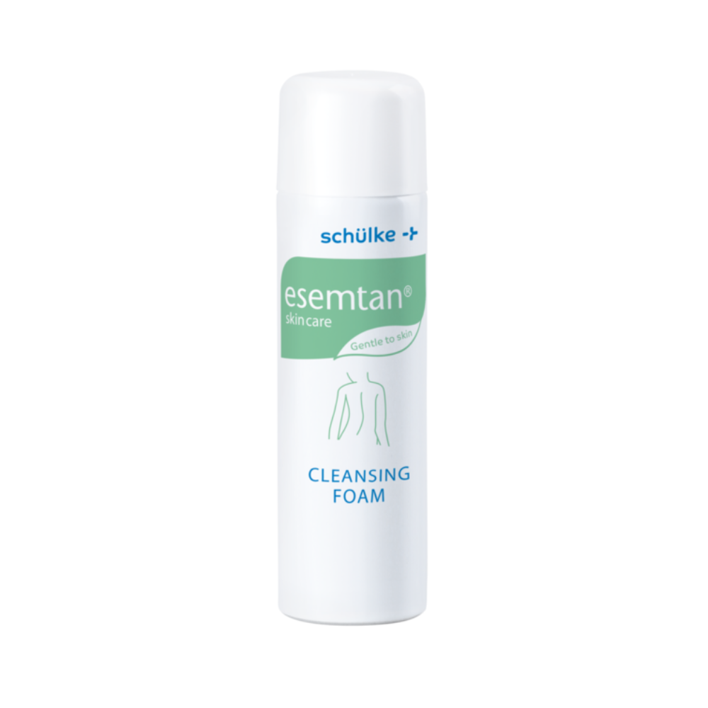 Der Schülke Esemtan® Reinigungsschaum (500 ml) der Schülke & Mayr GmbH präsentiert sich in einer weißen Flasche mit grün-weißem Etikett, auf dem das „schülke“-Logo und eine schlichte Oberkörperskizze abgebildet sind. Er ist dermatologisch getestet und reinigt die Haut sanft.