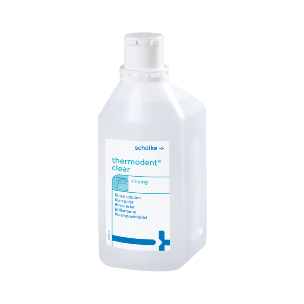 Auf einer blau-weißen Kunststoffflasche mit der Aufschrift „Schülke Thermosept BSK- 1 Liter“ ist der Schriftzug „Klarspüler“ für die Zahnhygiene hervorgehoben. Das Etikett der Schülke & Mayr GmbH weist auf die Eignung für zahnärztliche Instrumente hin und verfügt über einen sicheren Schraubverschluss.