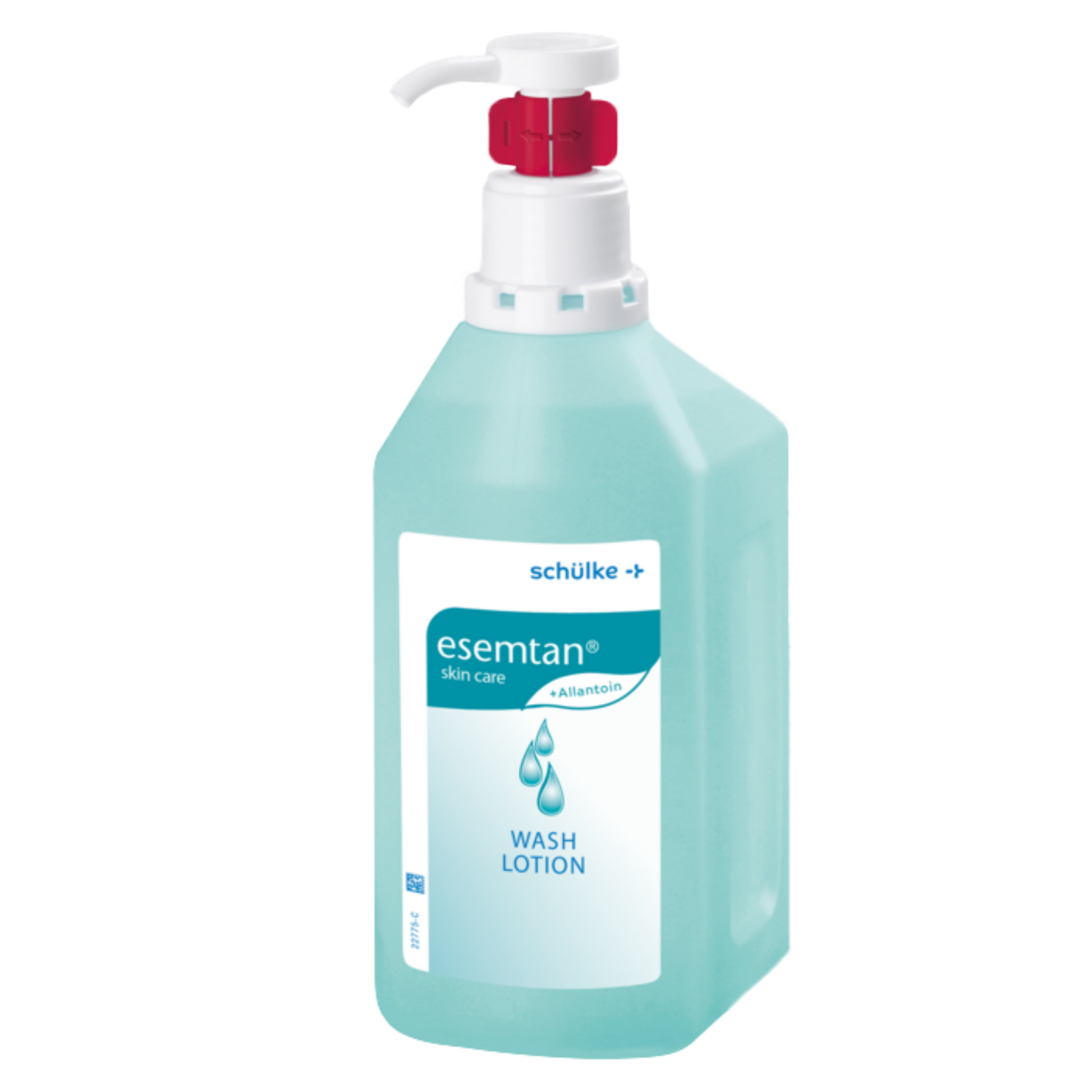 Eine rechteckige, durchscheinend blaue 1-Liter-Flasche mit weiß-roter Pumpe, beschriftet mit „esemtan® skin care Waschlotion“ von Schülke & Mayr GmbH, mit blauem Text, Wassertropfengrafiken und der Kennzeichnung als Auslaufartikel.