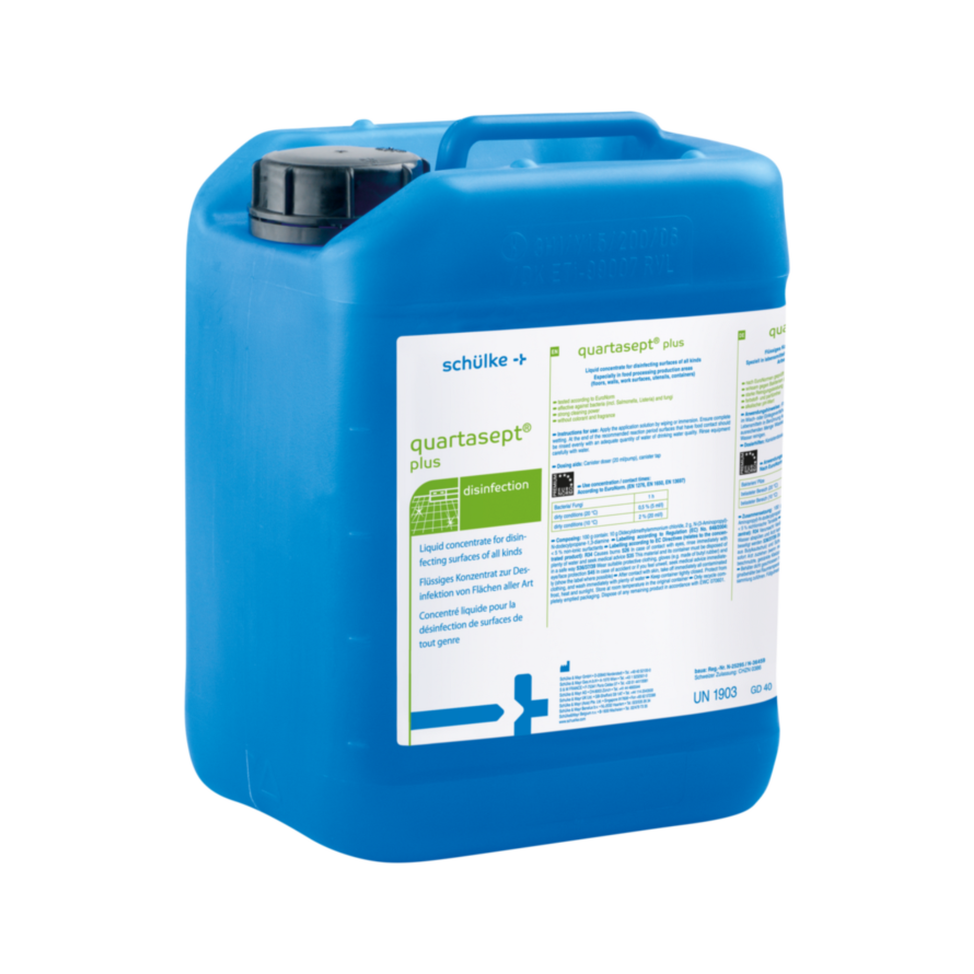 Abgebildet ist ein blauer Kunststoffbehälter mit der Aufschrift „Schülke quartasept® plus“ der Schülke & Mayr GmbH, mit schwarzem Verschluss und weißem Etikett mit Produktdetails. Es handelt sich um ein 5-Liter-Flüssigkonzentrat zur Flächendesinfektion und Reinigung.