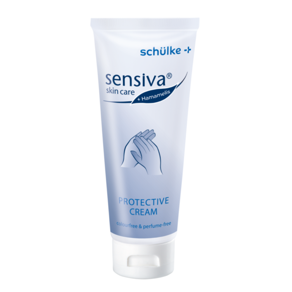 Die Schülke sensiva® Schutzcreme Hautschutz ist in einer weißen Tube mit blauem Branding erhältlich, das ihre Wasser-in-Öl-Formel hervorhebt. Sie ist frei von Farbstoffen und Parfüm und zeigt auf der Vorderseite eine Abbildung von Händen, um den Schutz vor Hautirritationen hervorzuheben.