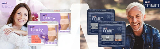 Werbebild für Seni Inkontinenzprodukte für Frauen und Männer. Links eine lächelnde Frau vor einem hellen Hintergrund mit rosa Blüten, daneben zwei Packungen "Seni Lady Pants" in Lila mit Größenangabe M. Rechts ein lächelnder älterer Mann im Freien, daneben zwei Packungen "Seni Man Pants" in Dunkelblau mit den Größen L und M.