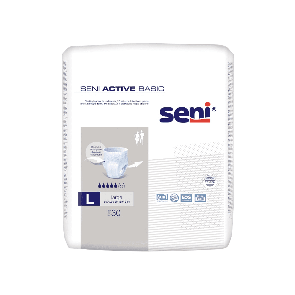 Eine Packung mit 30 Seni Active Basic Inkontinenzpants (Größe M-XL) der TZMO Deutschland GmbH wird auf weißem Hintergrund mit Produktinformationen, Funktionssymbolen für den Blasenschwächeschutz und einer Windelillustration abgebildet.