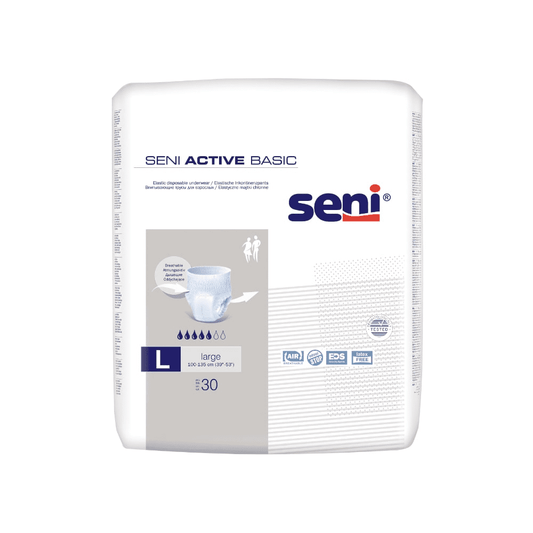 Eine Packung mit 30 Seni Active Basic Inkontinenzpants (Größe M-XL) der TZMO Deutschland GmbH wird auf weißem Hintergrund mit Produktinformationen, Funktionssymbolen für den Blasenschwächeschutz und einer Windelillustration abgebildet.