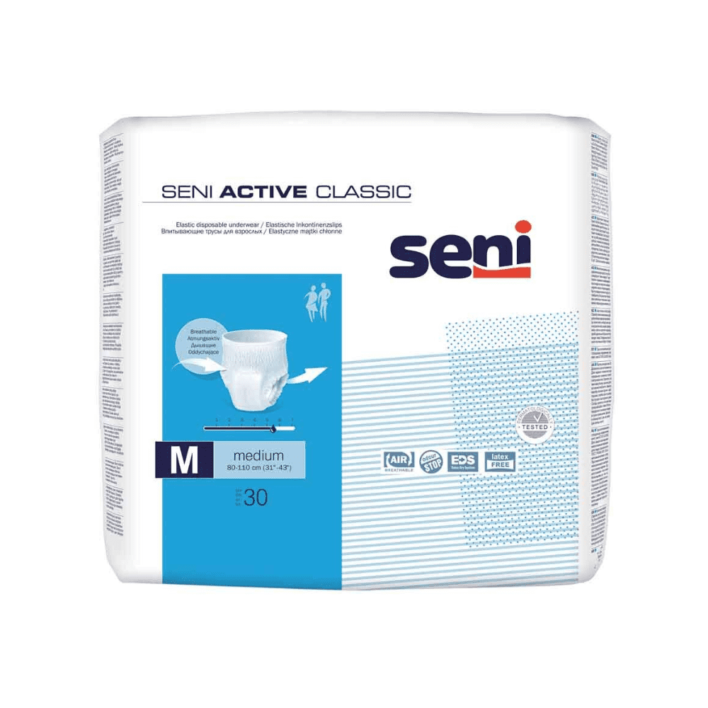 Eine 30er-Packung Seni Active Classic Pants Inkontinenzhosen (M) von TZMO Deutschland GmbH, bei Blasenschwäche. Die überwiegend weiß-blaue Verpackung zeigt auf der Vorderseite Produktinformationen und Icons für optimalen Tragekomfort.