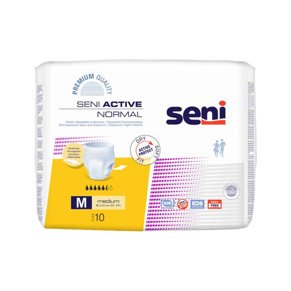 Eine 10er-Packung Seni Active Normal Inkontinenzhosen der TZMO Deutschland GmbH, Größe M für Erwachsene mit Blasenschwäche. Die überwiegend weiße Packung hat gelbe und blaue Akzente und enthält einen praktischen Nässeindikator.