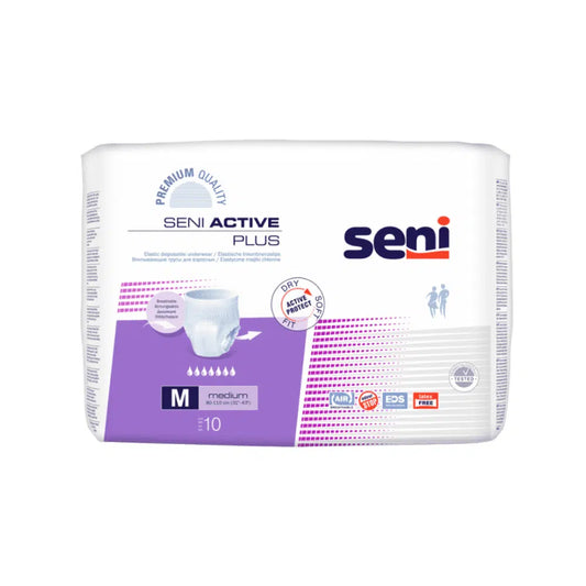 Eine Packung Seni Active Plus Inkontinenzpants der TZMO Deutschland GmbH in Größe M, mit lila-weißem Design und Symbolen für Saugfähigkeit, Atmungsaktivität und Tragekomfort – ideal für Menschen mit Blasenschwäche.